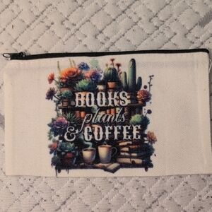 Books Plants & Coffee Canvas Zipper Pouch - White 4" x 7" Inches